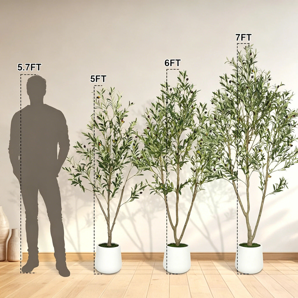 5/6/7ft Olive Trees Artificial Indoor Outdoor Faux Olive Tree with White Tall Planter, Artificial Plants with Natural Wood Trunk and Lifelike Fruits for Home Office Decor — detail view
