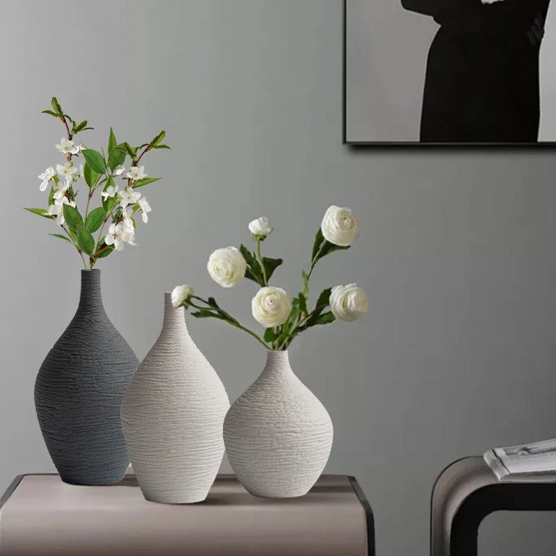 Narrow-Mouth Nordic Ceramic Vase — Beige & Grey