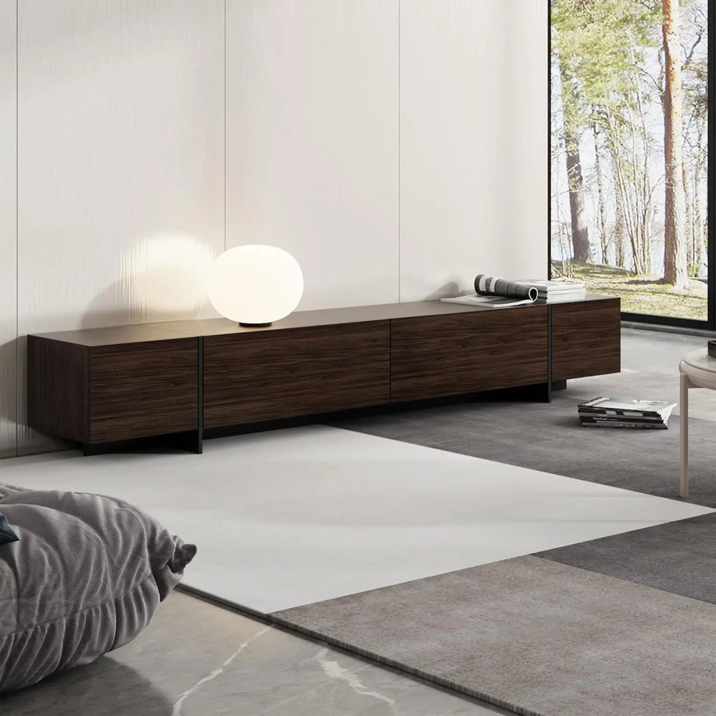 Modern TV stand with flip-down drawers — close-up product view