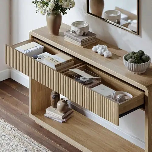 Oak console table with drawers and fluted detailing