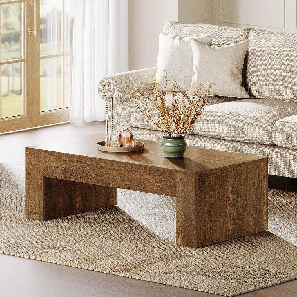 Farmhouse coffee table with sturdy base in rustic brown