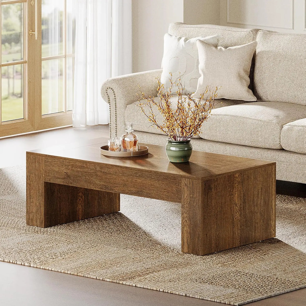 Farmhouse coffee table with sturdy base in rustic brown