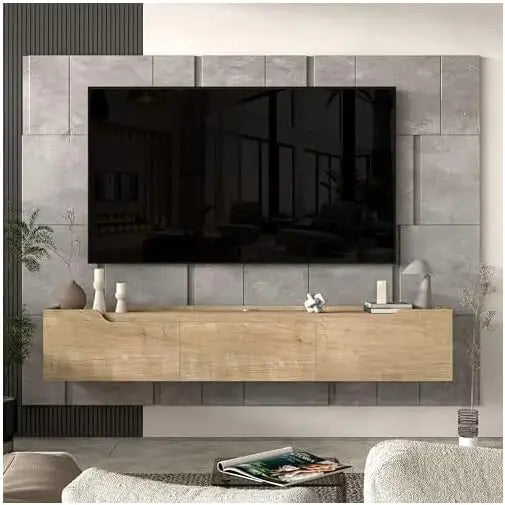 Floating wall-mounted TV stand with cable management in oak and white