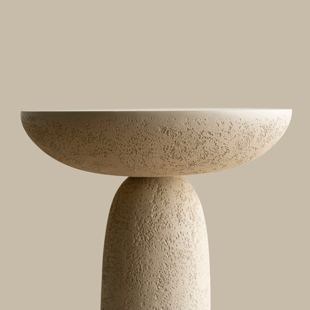 SHYFOY pedestal side table with stone-inspired hourglass base