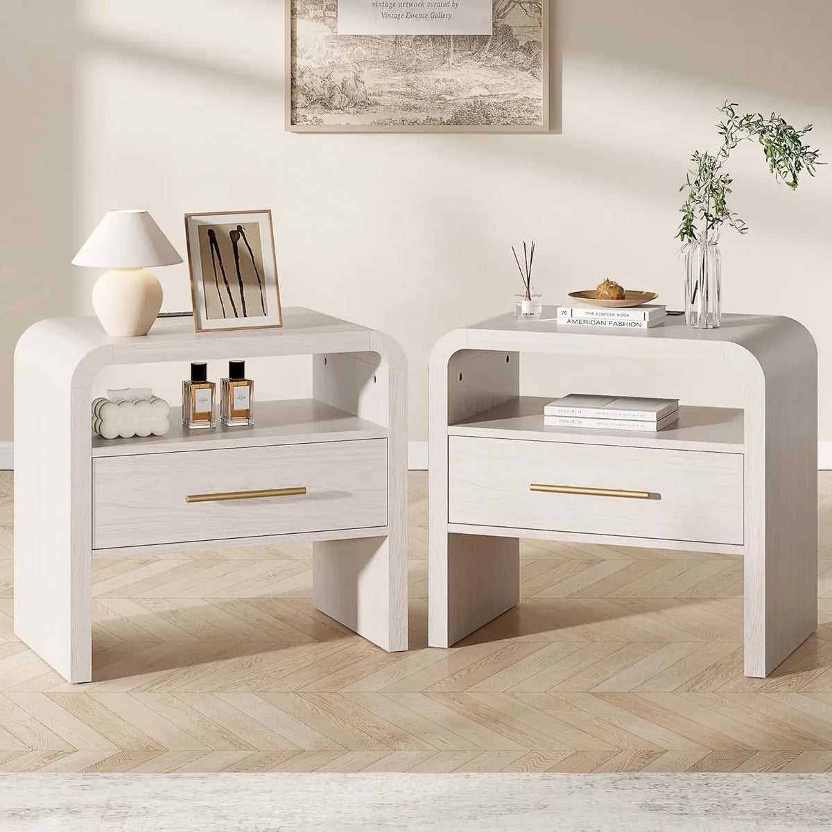 Curved Nightstand Set of 2 with Charging Station, 24"