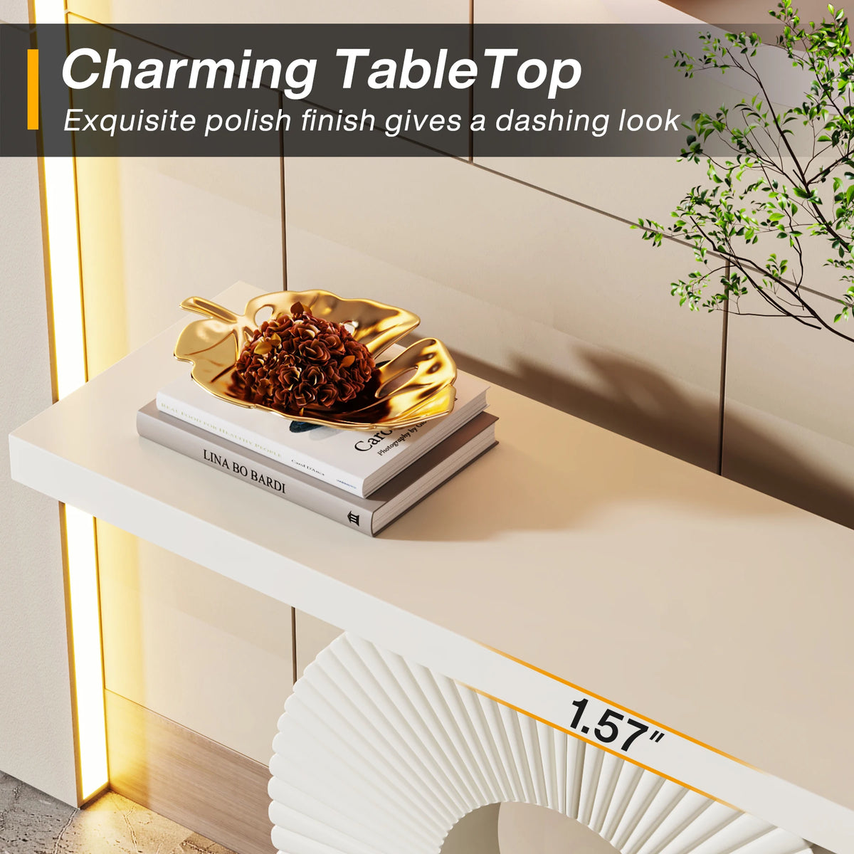 Wood console table with geometric base — side detail view