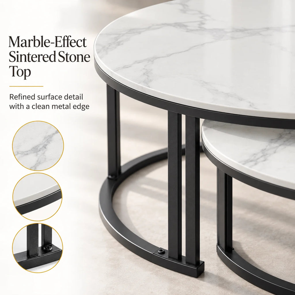 Nesting Coffee Table Set of 2 — 27.5" Round Stone-Top