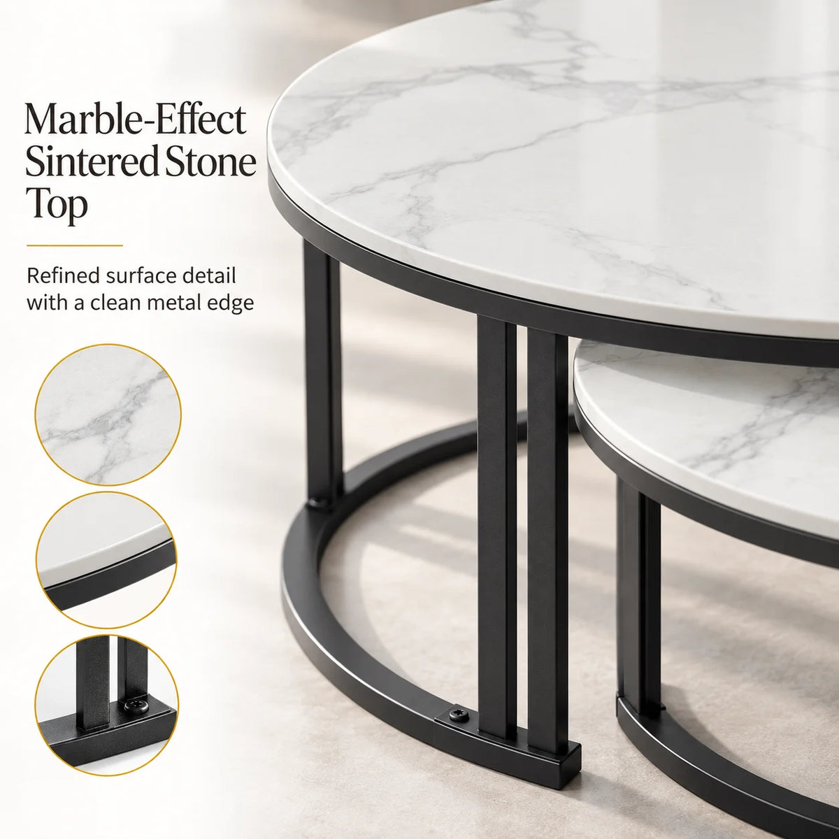 Nesting Coffee Table Set of 2 — 27.5" Round Stone-Top