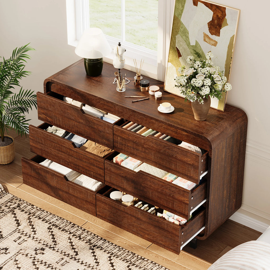 47" Wide 6-Drawer Dresser — Rounded Corners, Hidden Handles
