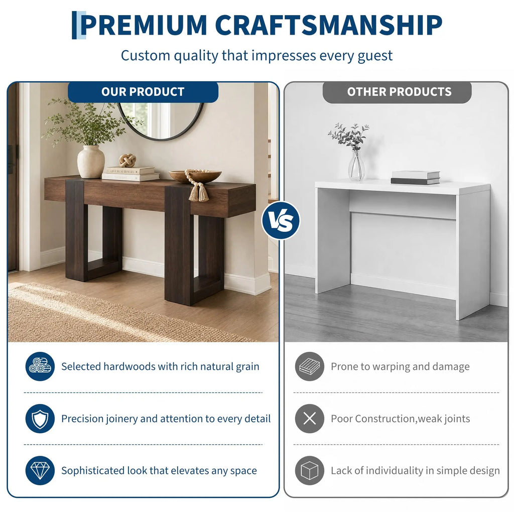 Entryway console table — close-up finish detail