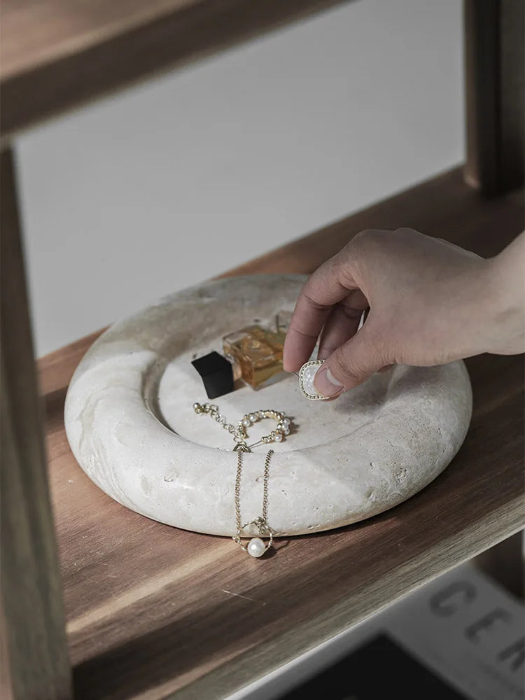 Beige Travertine Vanity Tray — Round Jewelry Plate, 7.9"
