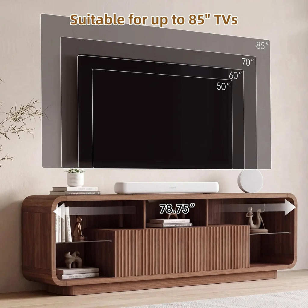 Fluted TV stand with LED lighting in walnut finish