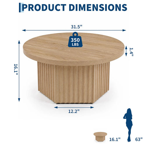 31.5" Round Fluted Drum Coffee Table — Wood Pedestal