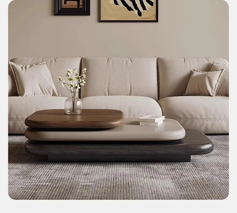 Rotating oval wood coffee table — close-up finish detail