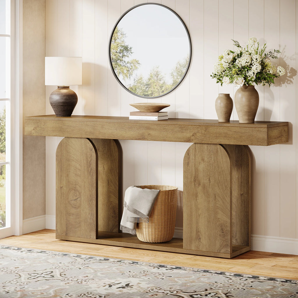 Tribesigns farmhouse console table with U-shaped wood base in an entryway