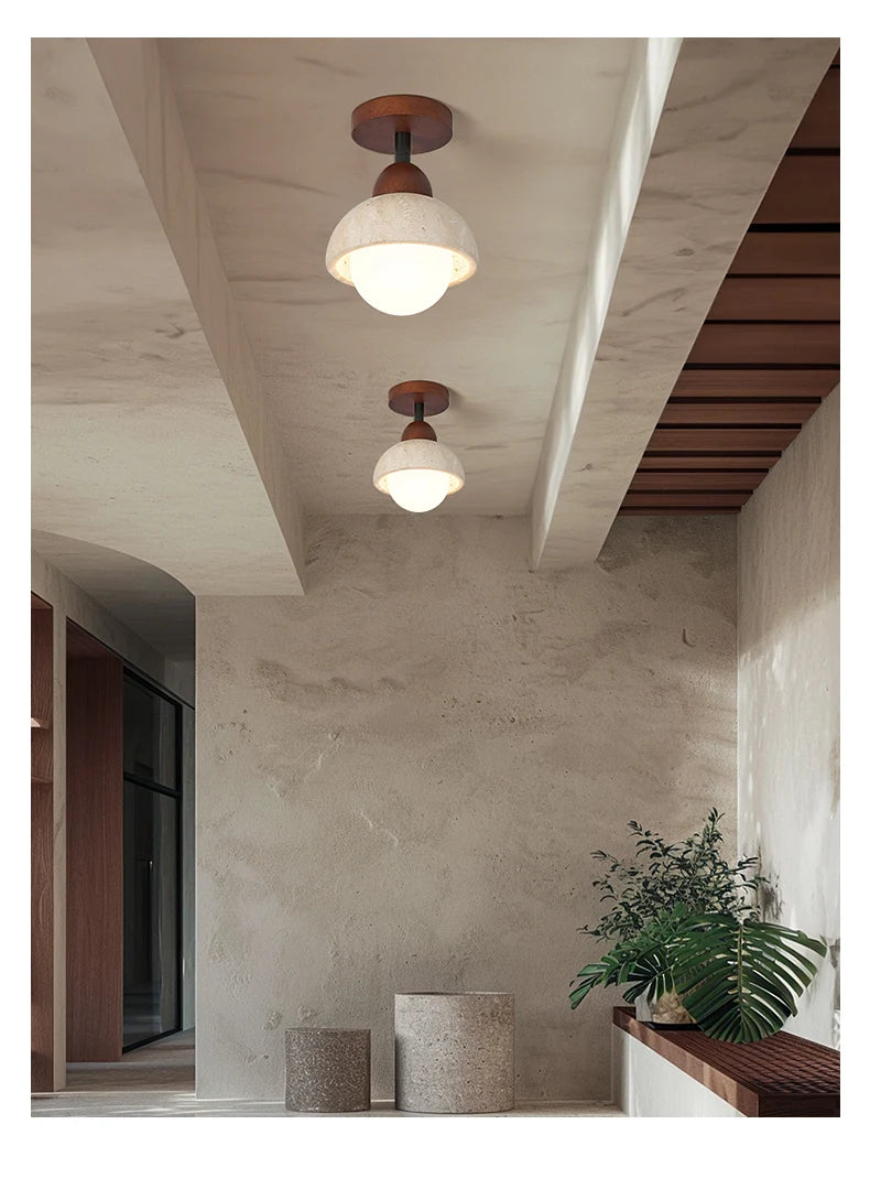 Wabi-Sabi Travertine Ceiling Lamp — Natural Stone & Wood Fixture