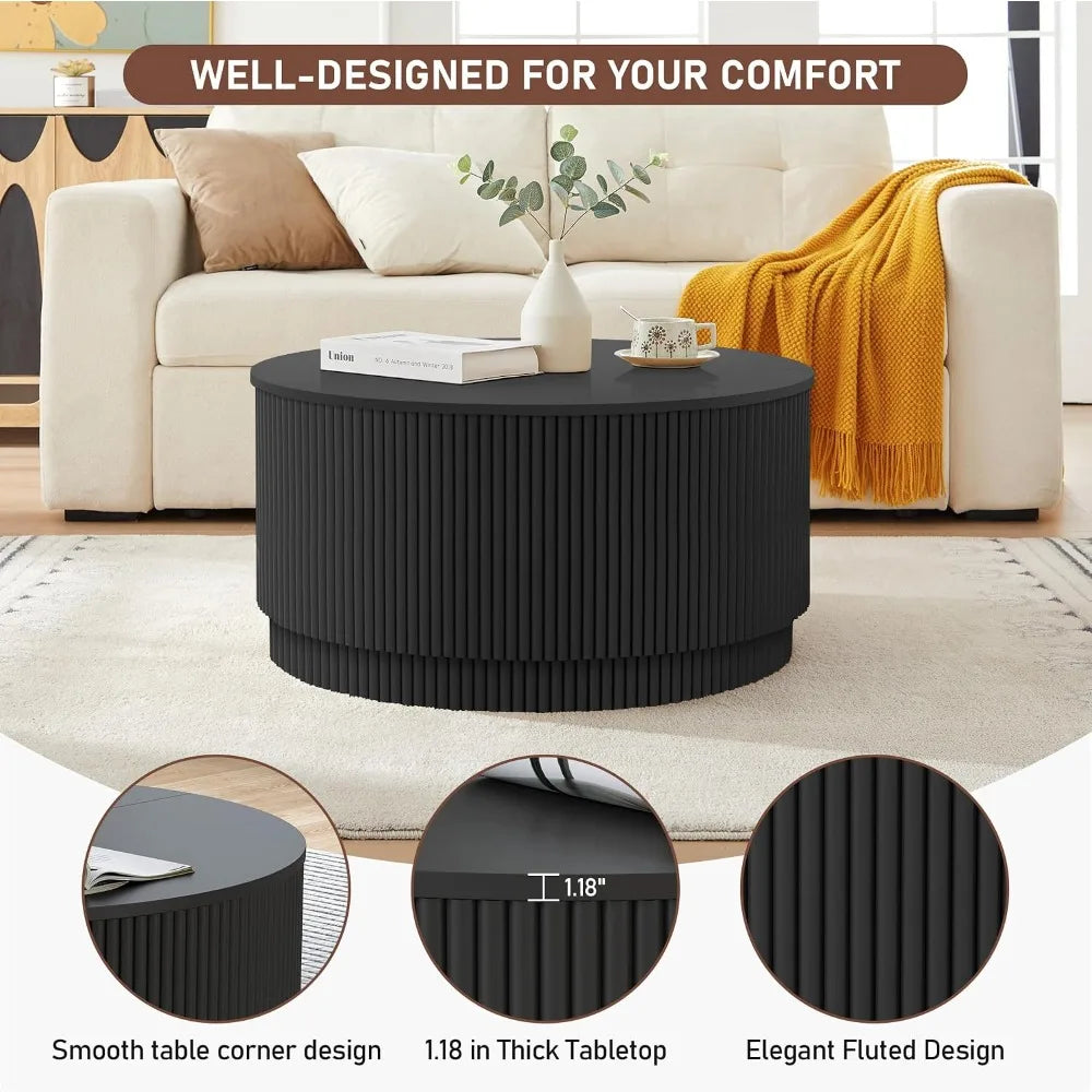 Fluted Lift-Top Coffee Table - Matte Black Storage