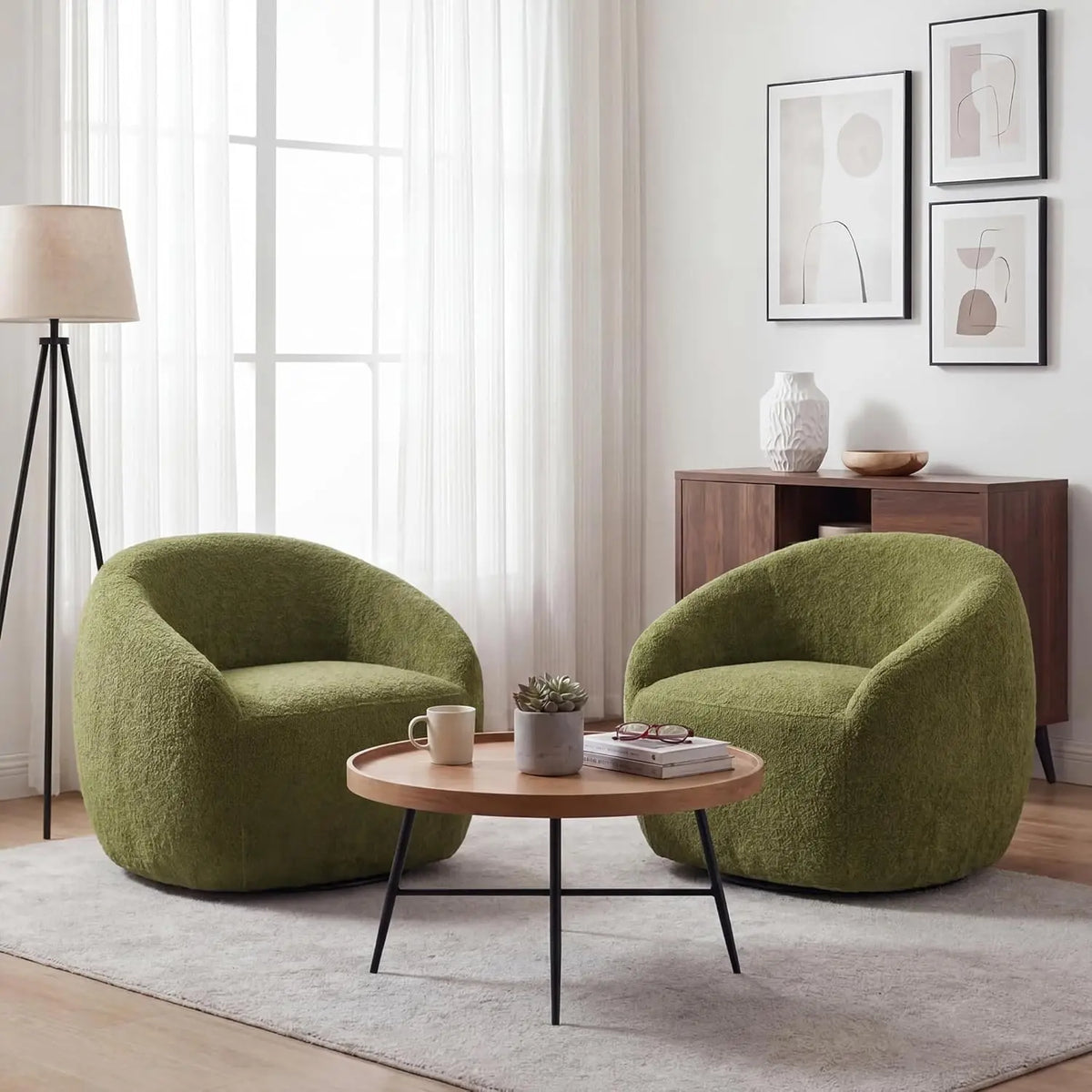 Green Boucle Oversized Swivel Chair — 360° Base