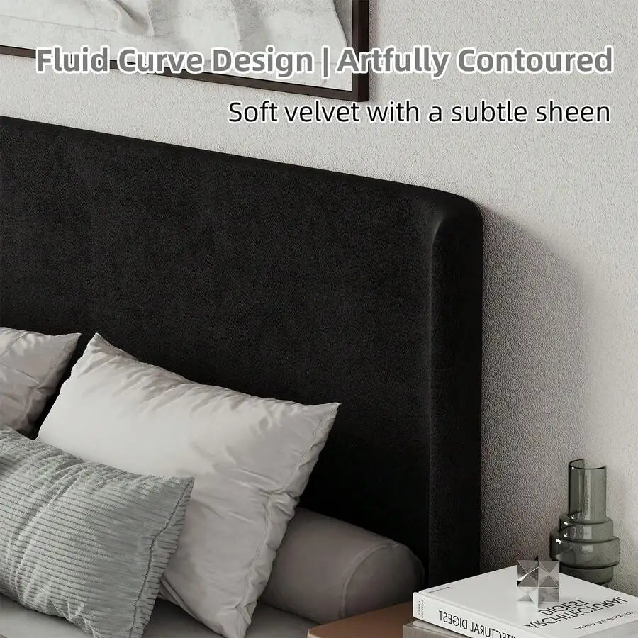 Upholstered wingback platform bed — front angle