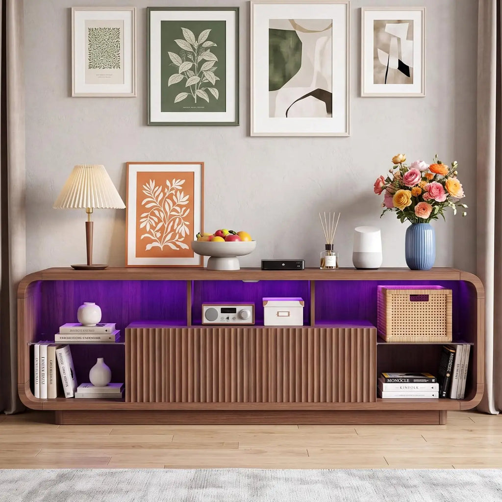 Fluted TV stand with LED lighting in walnut finish