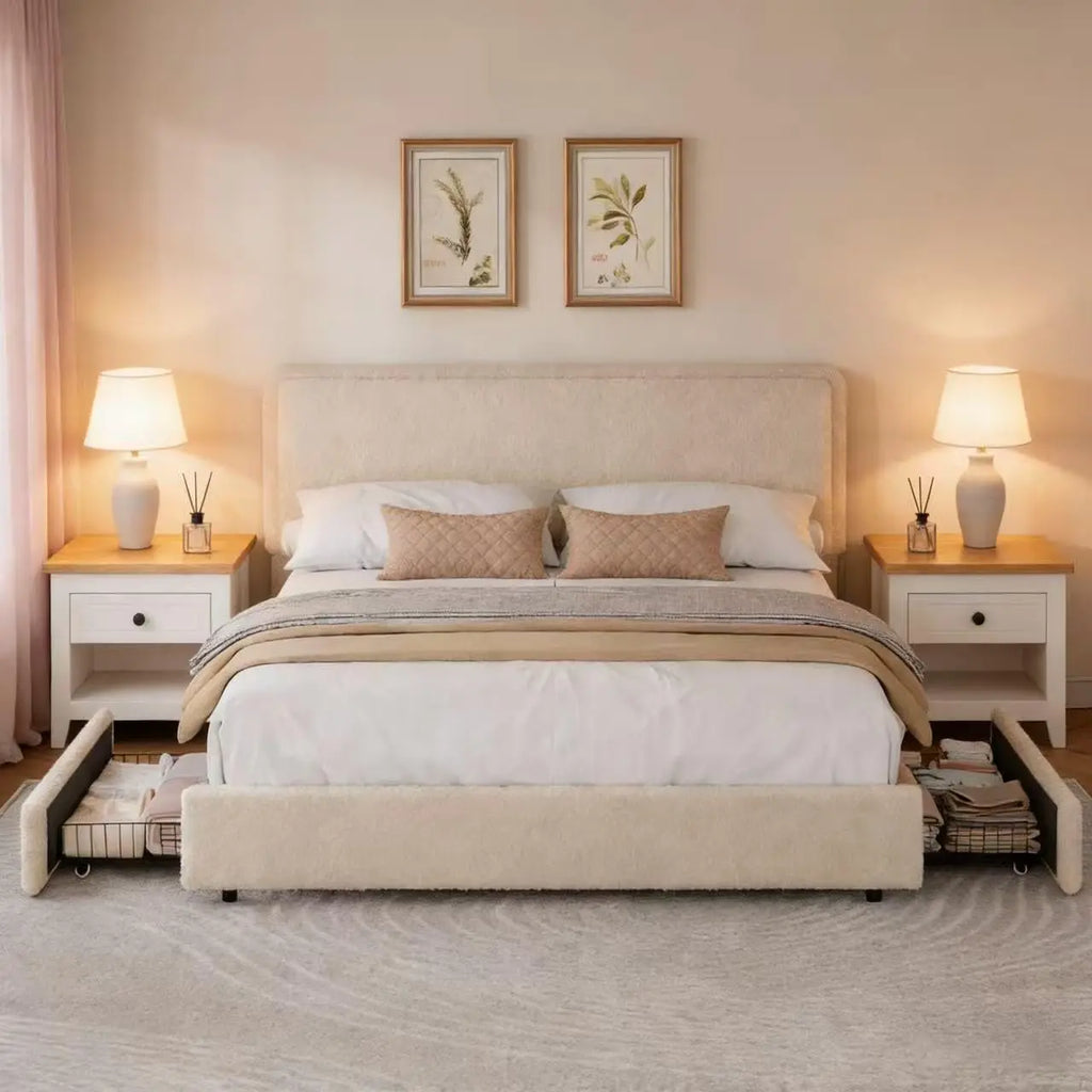 Boucle Upholstered Platform Bed — King with Storage Drawers