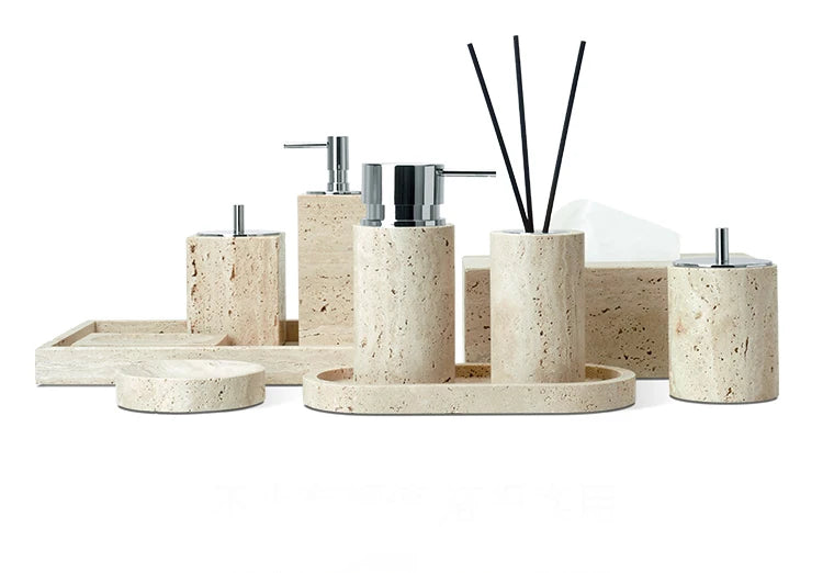 Travertine Bathroom Accessory Set — Vanity Tray & Diffuser, 9-Piece