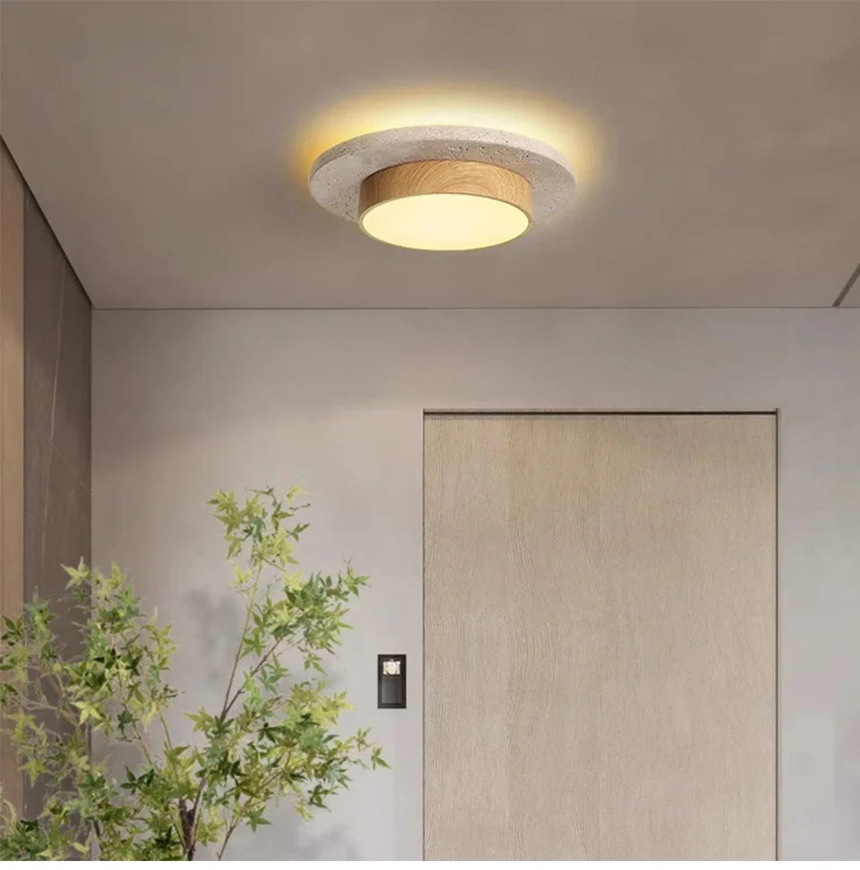 Retro Bedroom Ceiling Light Circular Stone LED Ceiling Lamp Walnut/wooden Balcony Hallway Living Room Indoor Light — feature detail
