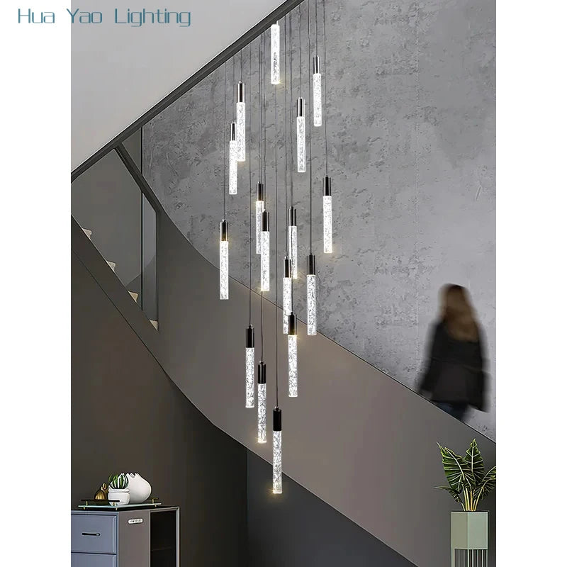 Minimalist cylindrical crystal staircase chandelier