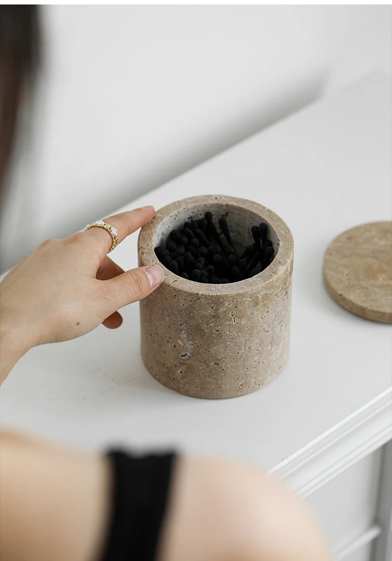 Travertine Cotton Swab Holder — Round Marble Jar, 3.5"