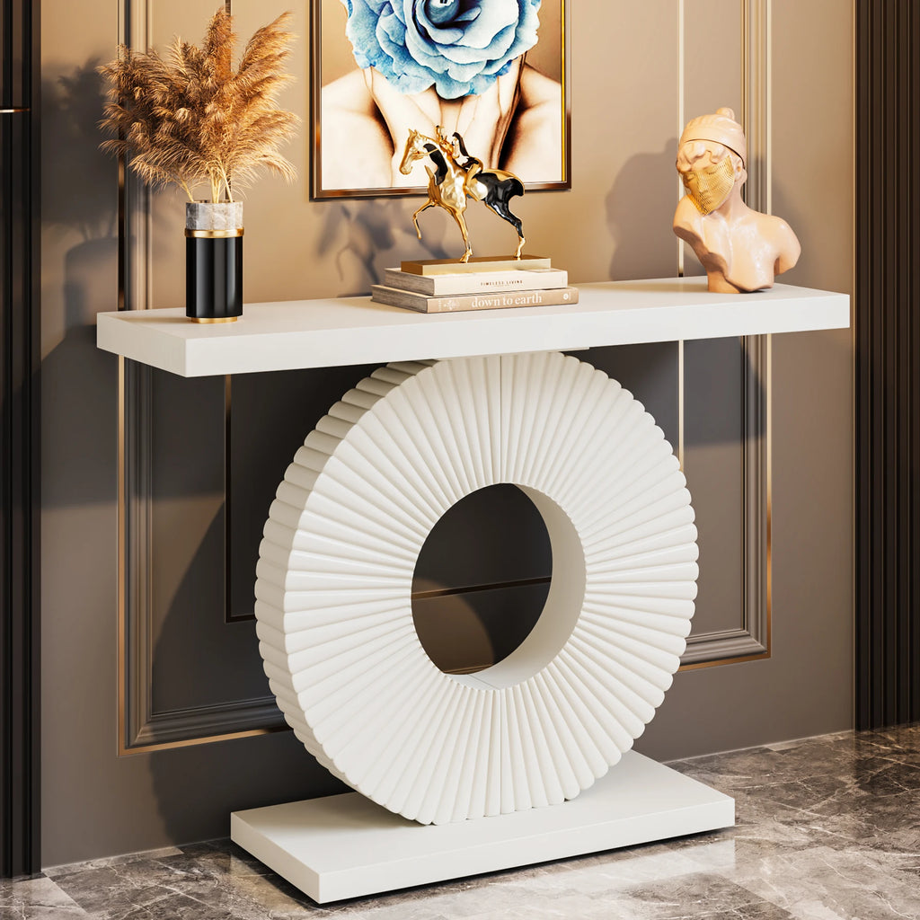 Wood console table with geometric base — main product view