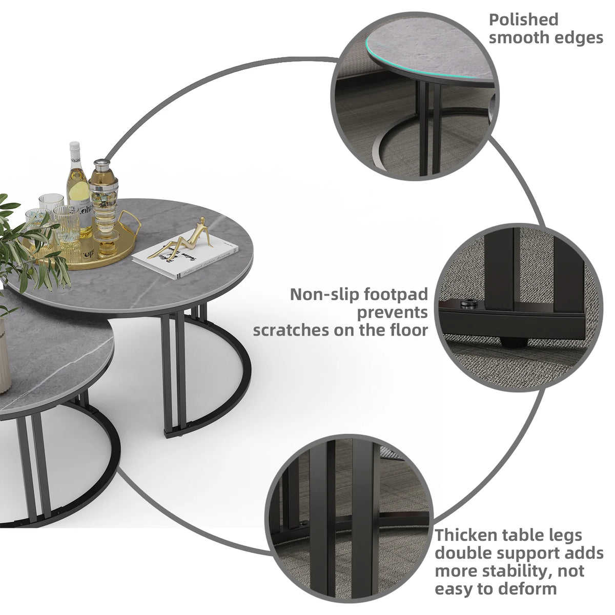Nesting Coffee Table Set of 2 — 27.5" Round Stone-Top