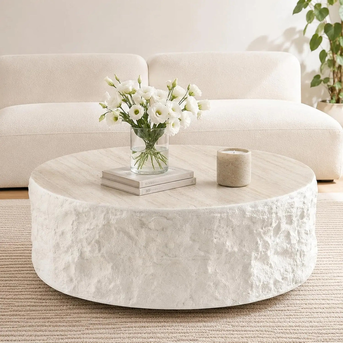 35.43" Square Faux Marble Travertine Coffee Table