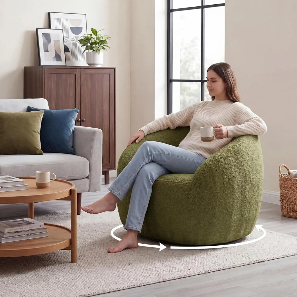 Green Boucle Oversized Swivel Chair — 360° Base