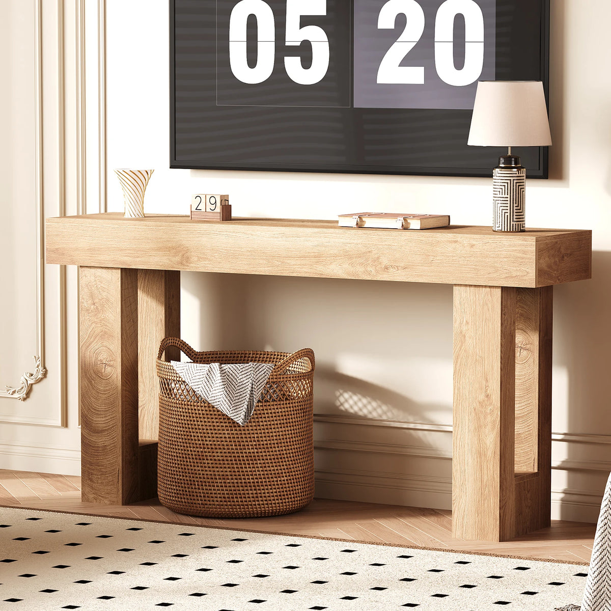 63" Farmhouse Console Table — Natural Wood Sofa Table