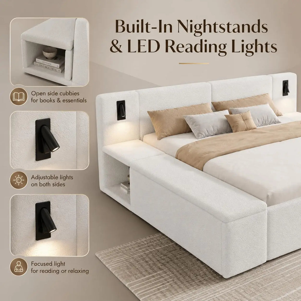 Upholstered king storage bed with LED headboard — alternate product view