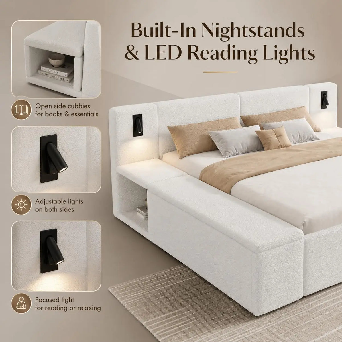 Upholstered king storage bed with LED headboard — close-up design detail