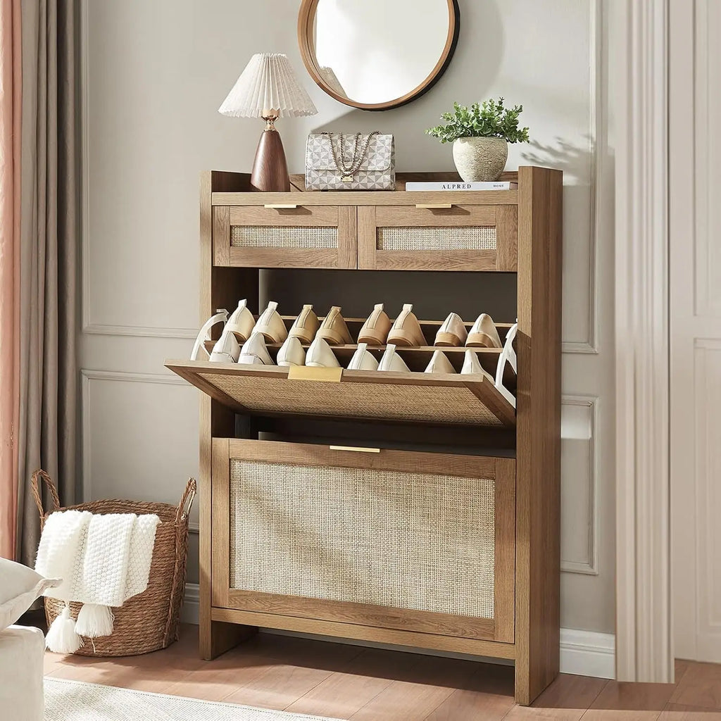 Rattan shoe storage cabinet with flip-front drawers