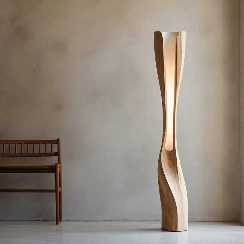 Handmade solid wood floor lamp with wabi-sabi design and LED light