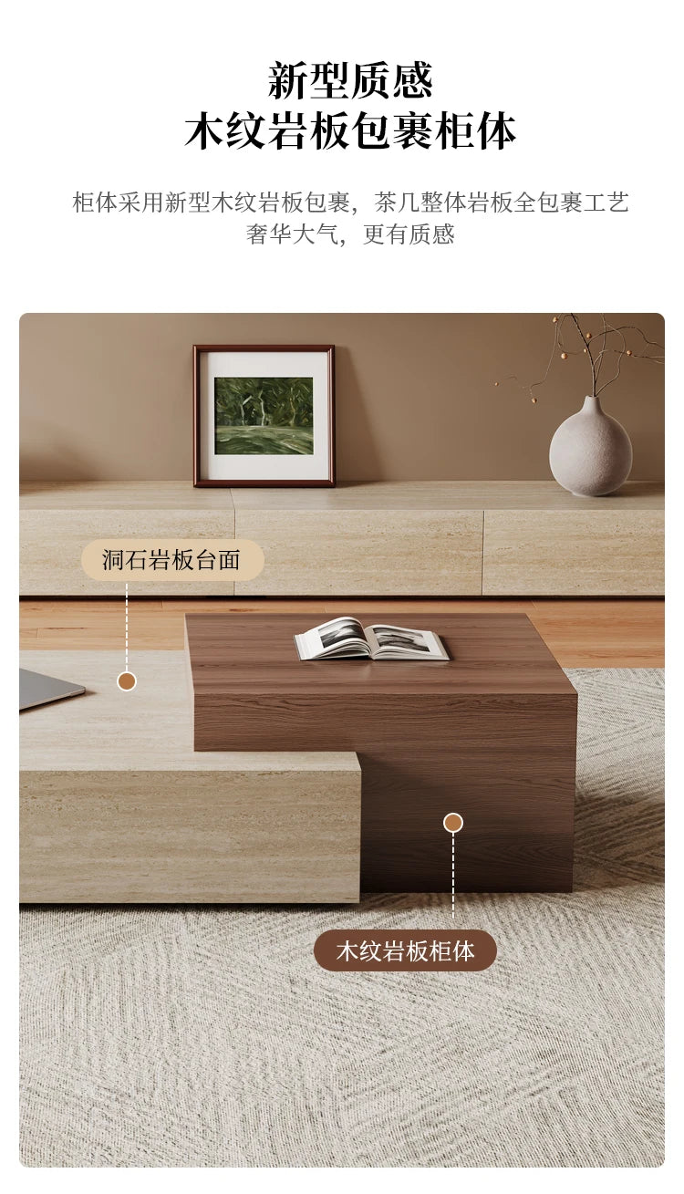 Sculptural Wabi-Sabi Coffee Table - Travertine & Walnut
