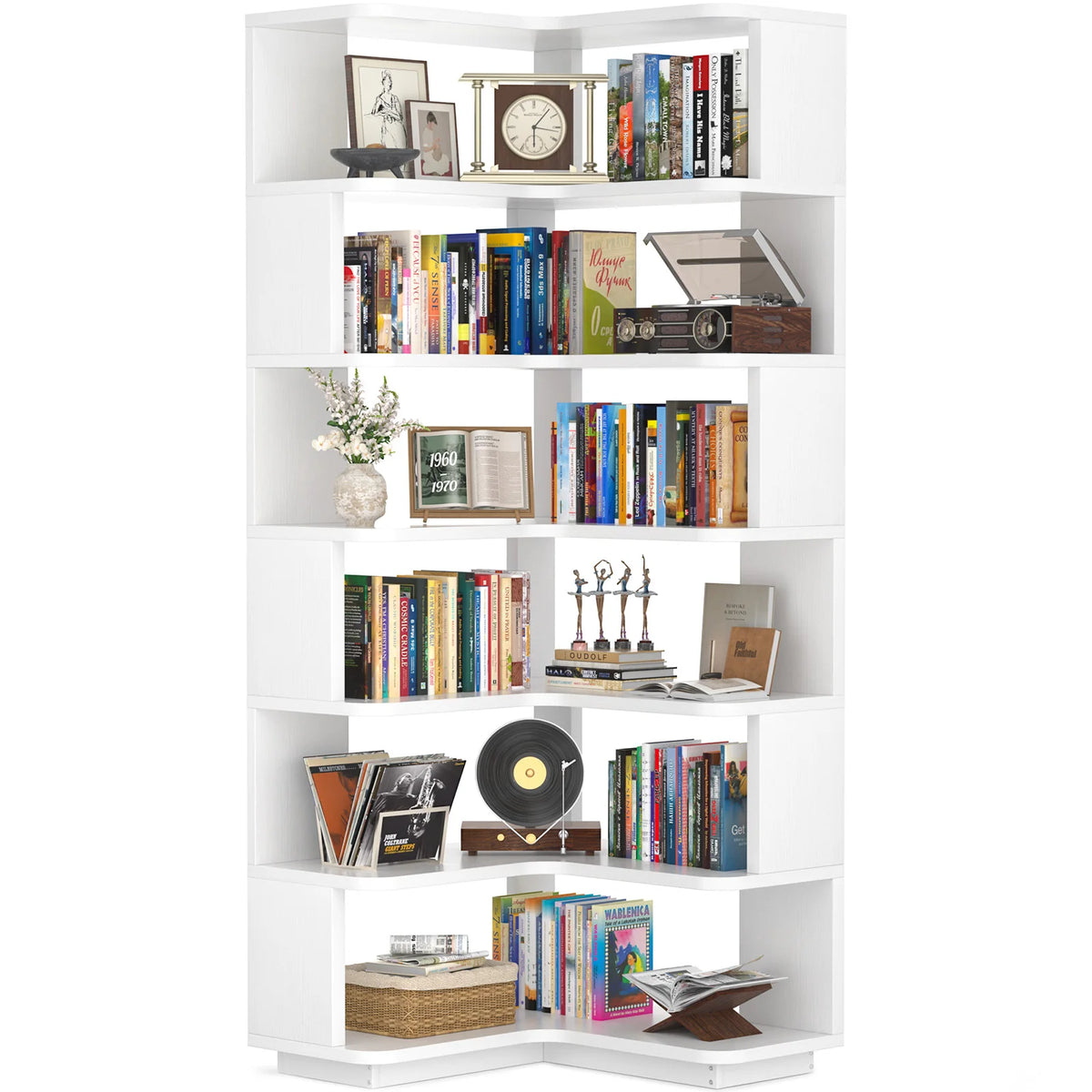73" L-Shaped Corner Bookshelf — 7-Tier Display Stand