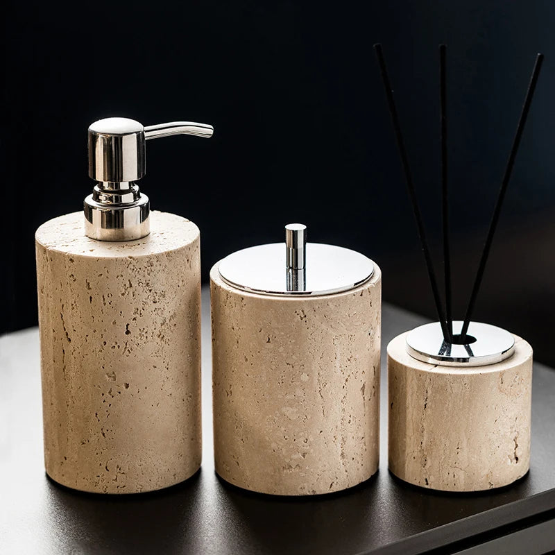 Beige Travertine Bathroom Accessory Set — 9-Piece
