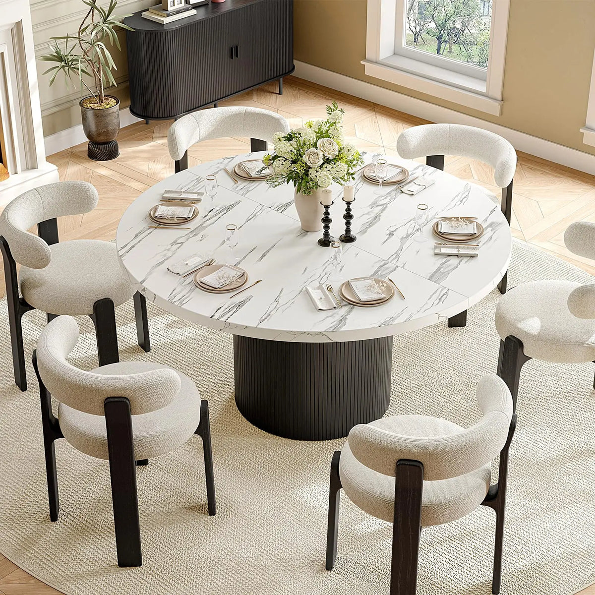 Black fluted round dining table — finish detail