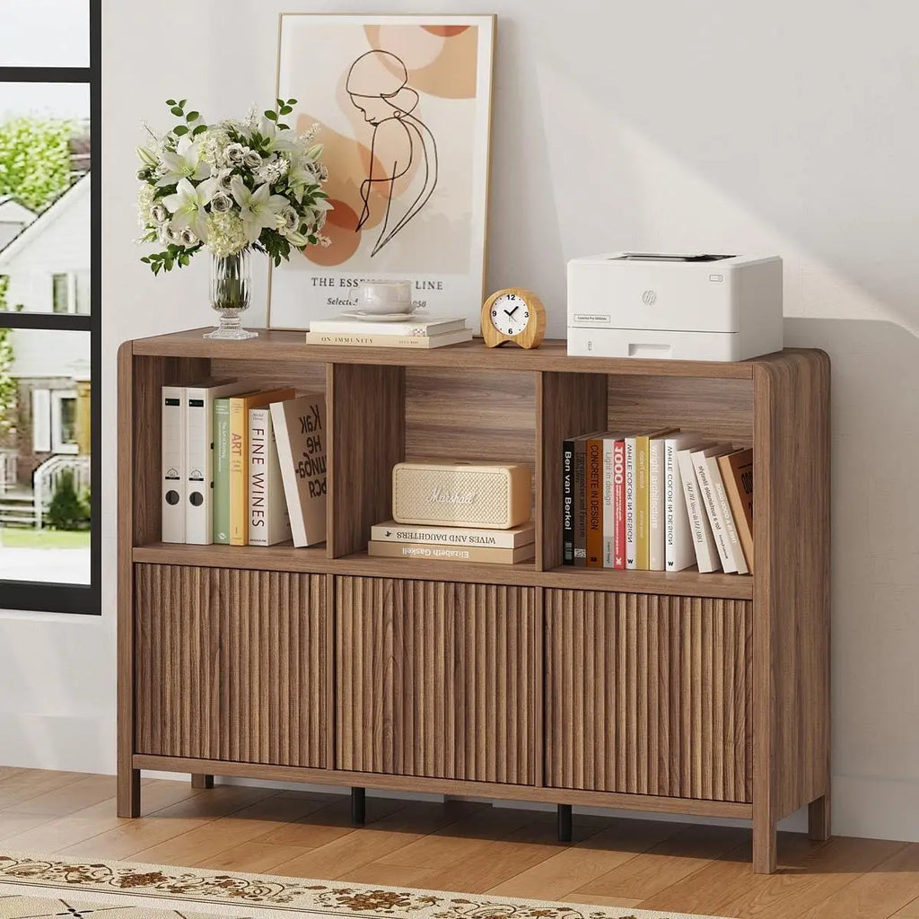 Three-door wood bookcase with cube storage in walnut finish