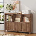 Three-door wood bookcase with cube storage in walnut finish