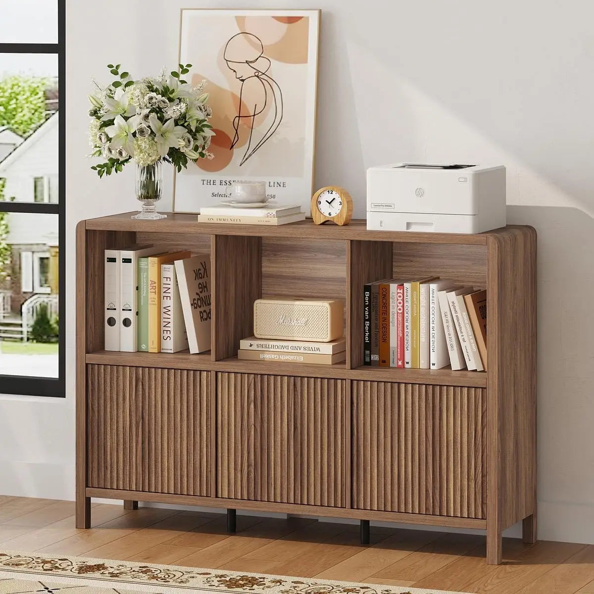 Three-door wood bookcase with cube storage in walnut finish