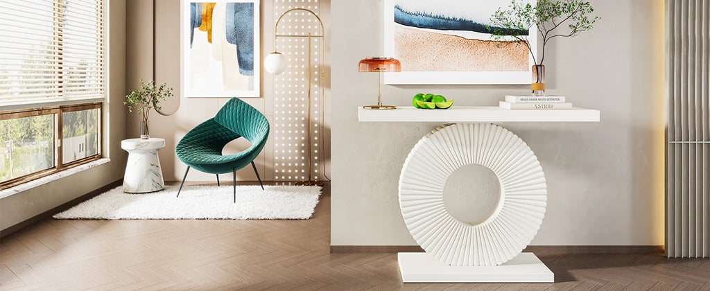 Wood console table with geometric base — product detail view