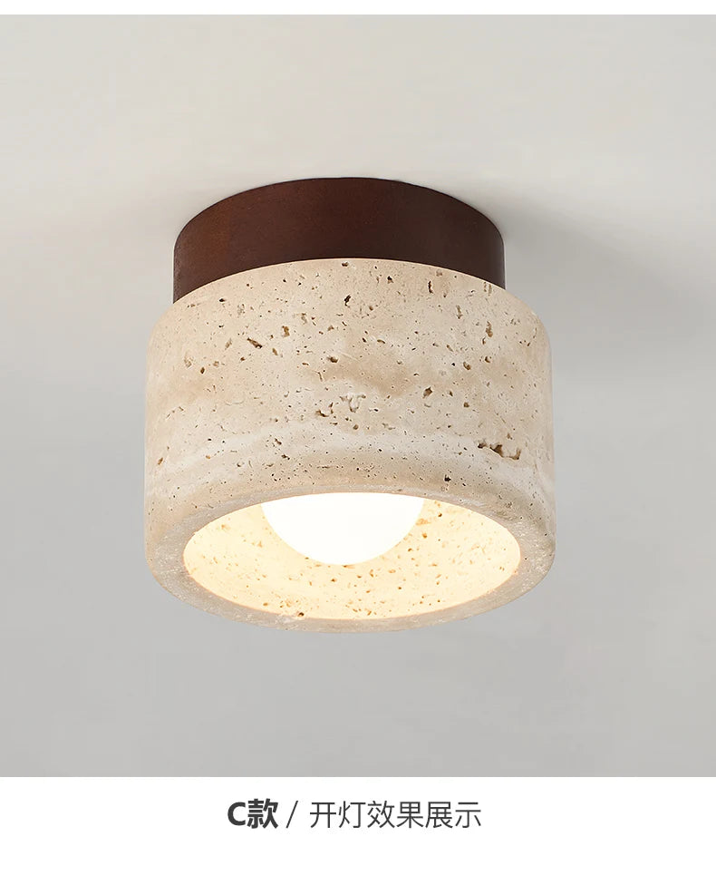 Wabi-Sabi Travertine Ceiling Lamp — Natural Stone & Wood Fixture