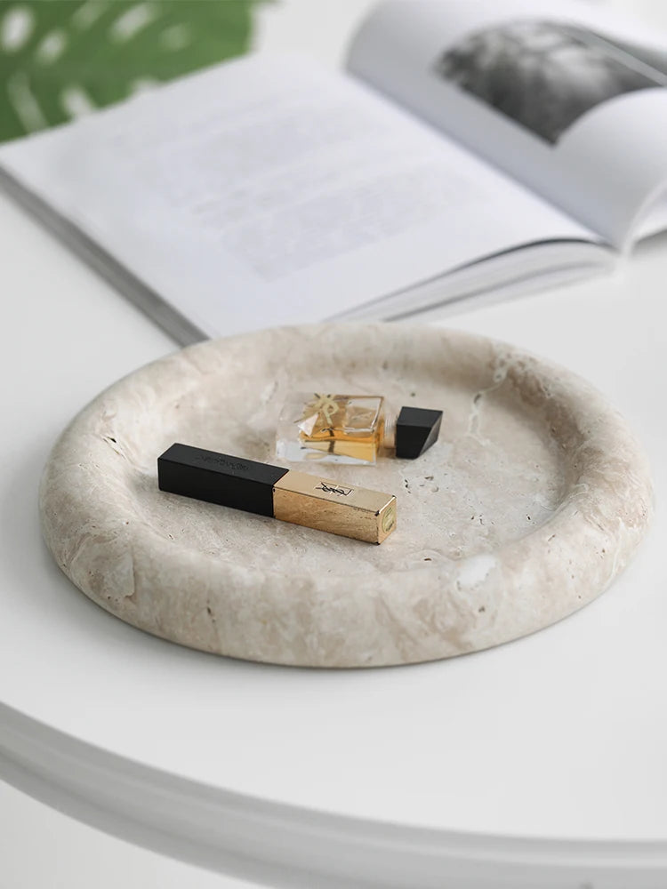 Beige Travertine Vanity Tray — Round Jewelry Plate, 7.9"