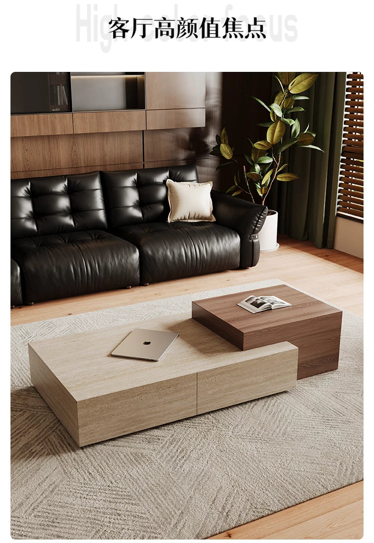 Sculptural Wabi-Sabi Coffee Table - Travertine & Walnut