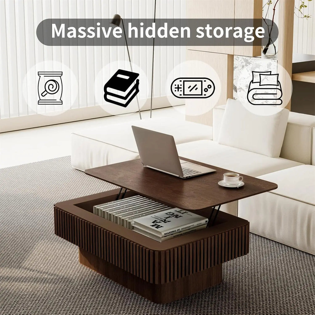 Rectangle Fluted Lift-Top Coffee Table with Storage